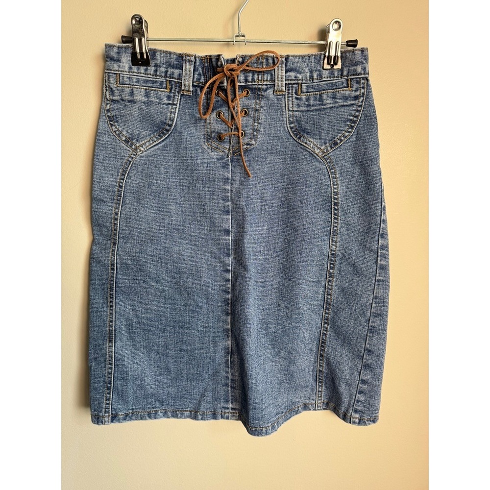 Le Chateau Junior Girl Vintage Y2K Denim Skirt XL Lace Up Western Boho Cowgirl